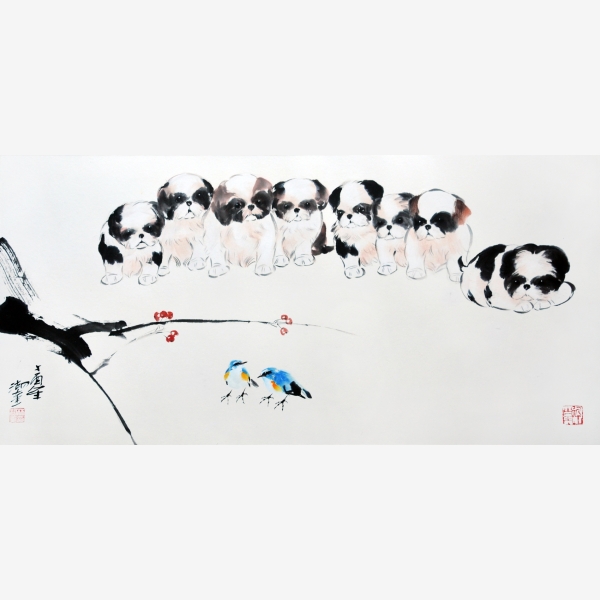C_Lam Wu Fui 林湖奎, Little Baby Puppy 小寶寶, 2017, Ink Colour on Paper 水墨設色紙本, 59 cm x 121 cm