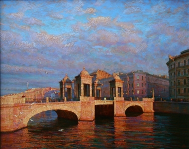 C_Dmitry Dergunov, Bridge with Towers ‧ Fontanka River 豐坦卡河的塔橋, 2014, Egg Tempera on Canvas 蛋彩布本, 40 cm x 50 cm,