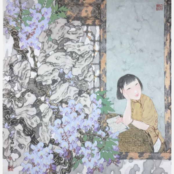C_Shi Jing 石晶, Wisteria 繁花, 2018, Ink Colour on Rice Paper 水墨設色紙本, 70 cm x 70 cm, HKD 38,800