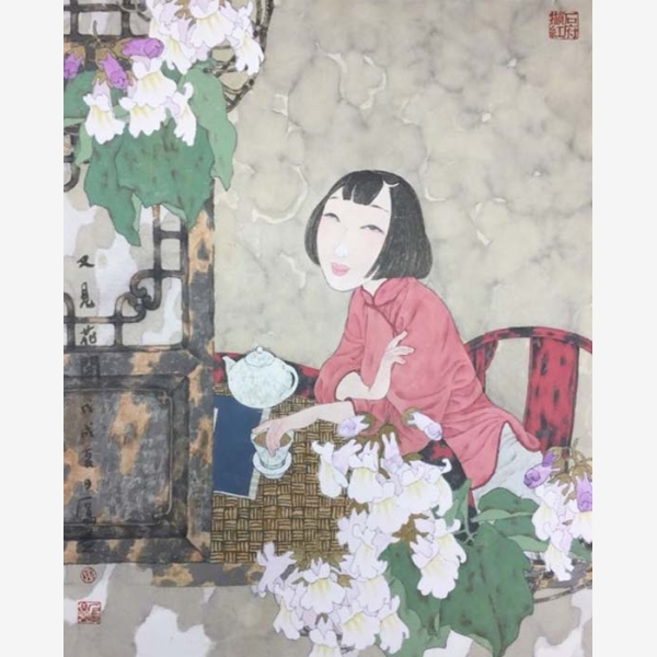 C_Shi Jing 石晶, Blooming Again 又見花開, 2018, Ink Colour on Rice Paper 水墨設色紙本, 60 cm x 48 cm