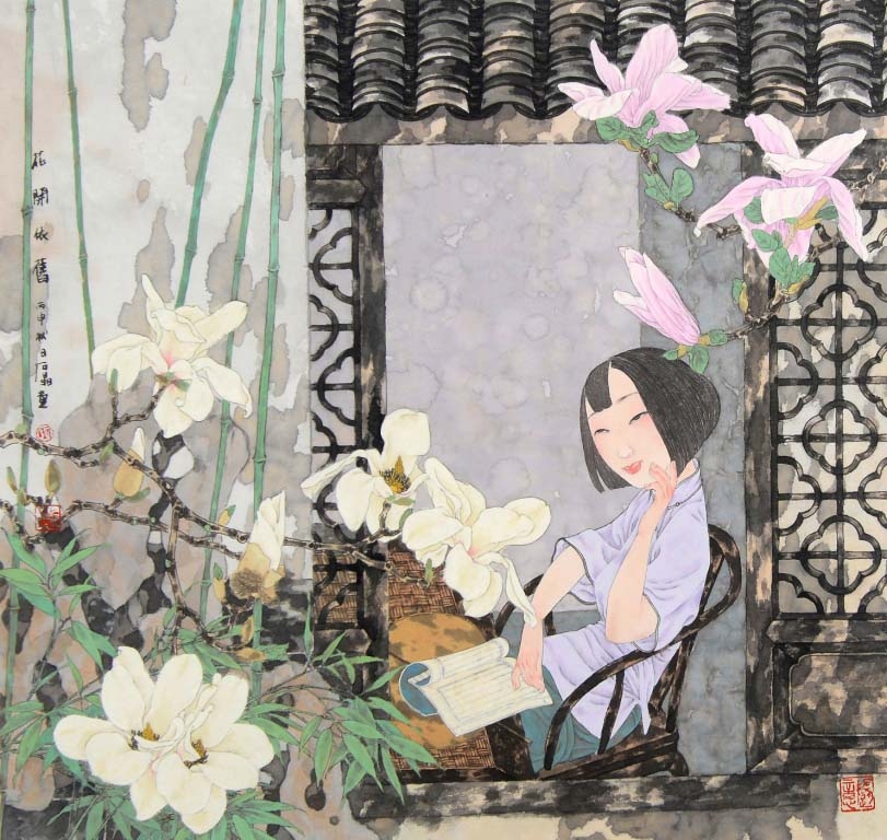 S_Shi Jing 石晶, Blooming as Usual 花開依舊 2016 Ink Colour on Rice Paper 68x68